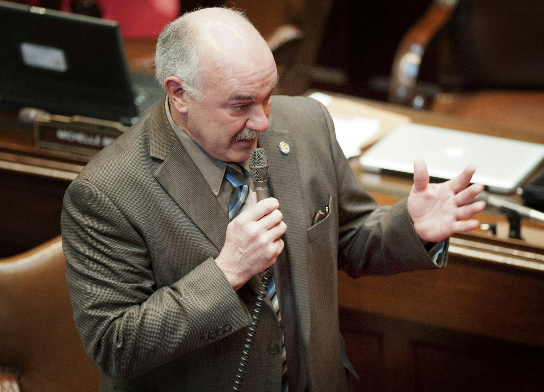 DFL Senator David Tomassoni spoke against the teacher tenure bill Monday, February 27, 2012 saying instead " we should just stop laying off teachers" adding" We're doing a lot worse job of funding our schools than teachers are at teaching our kids." Pam Wolf sponsored the bill which passed 36 to 26. ] GLEN STUBBE * gstubbe@startribune.com ORG XMIT: MIN2015020417541559