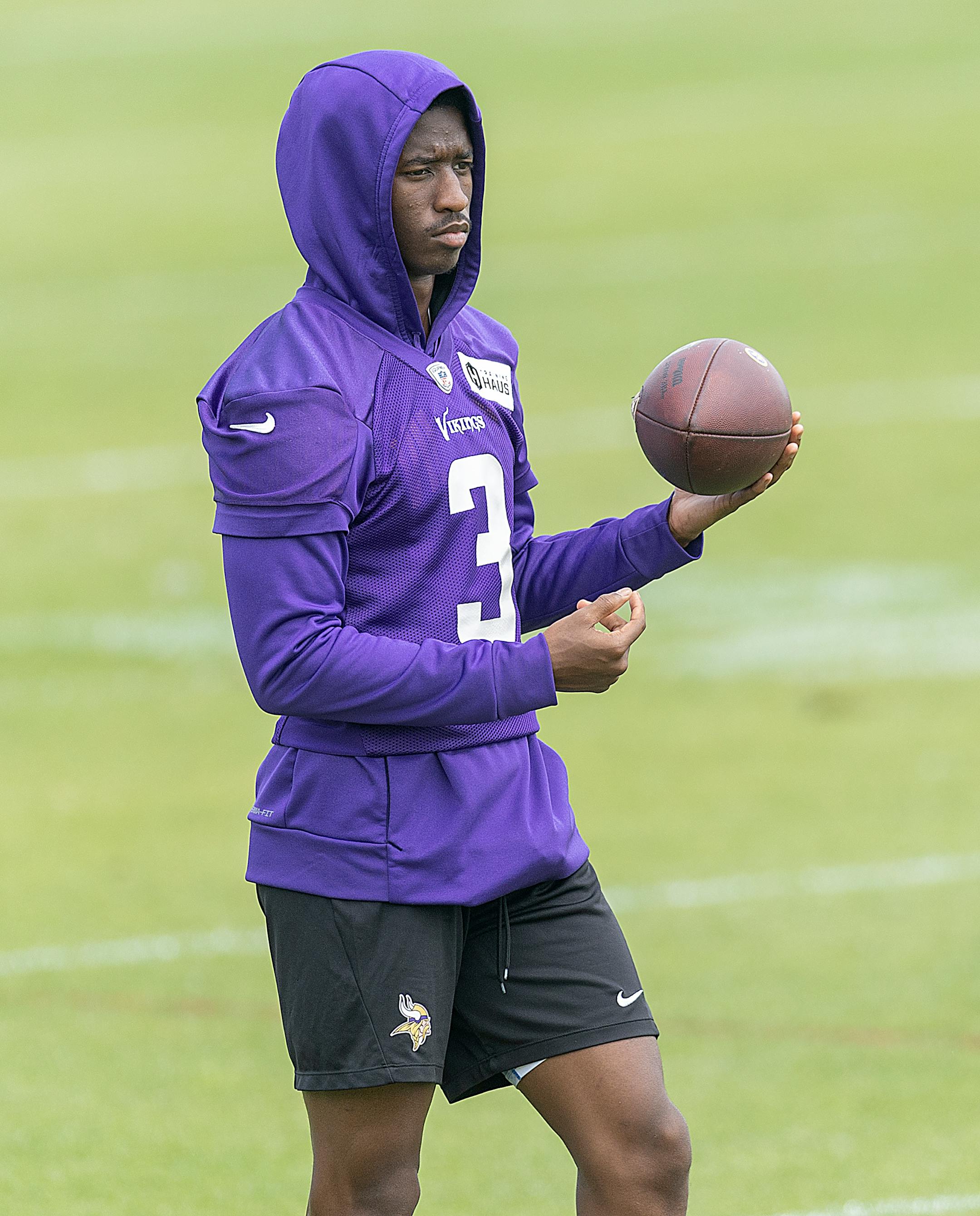 Vikings wide receiver Jordan Addison watches practice at the TCO Performance Center in Eagan, Minn., on Tuesday, June 6, 2023.