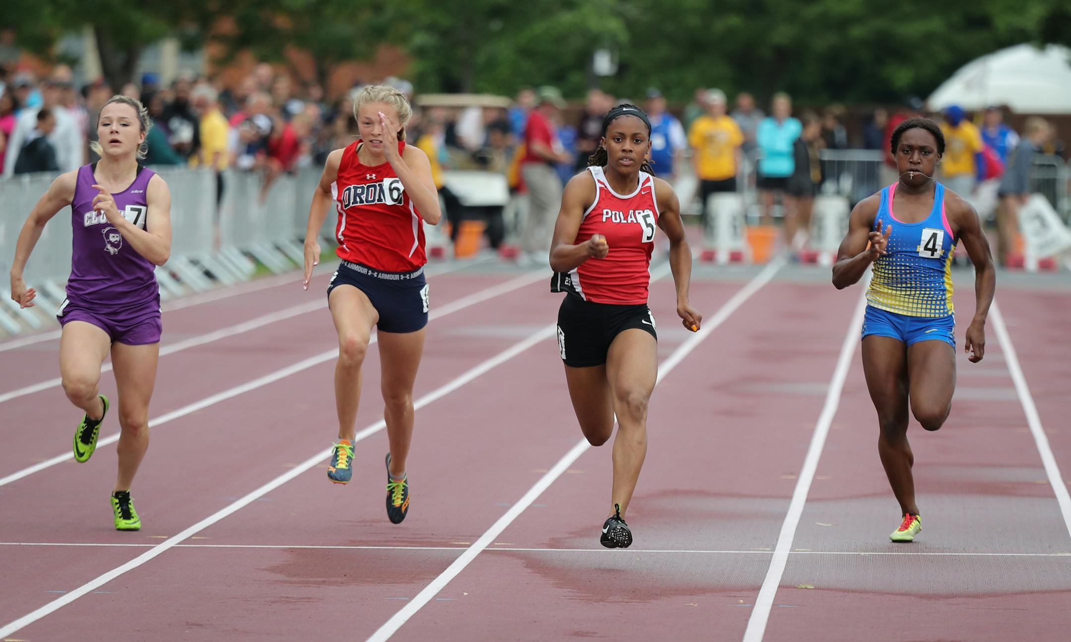 Shaliciah Jones of North High (5) took first place in the 100-meter dash with a time of 12.07 at the Class 2A state meet on June 9, 2019 at Hamline University. Photo: Shari L. Gross • shari.gross@startribune.com