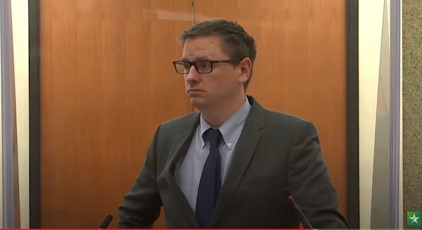 The above screengrab shows Joshua Larson preparing to question a witness during the 2021 manslaughter trial of ex-Brooklyn Center police officer Kimbe