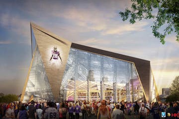 Architect&#x2019;s rendering of the new Vikings stadium, with a prow that will rise 272 feet above the sidewalk.