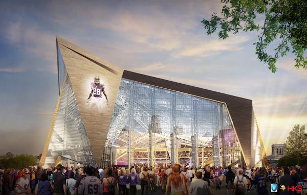 Architect&#x2019;s rendering of the new Vikings stadium, with a prow that will rise 272 feet above the sidewalk.