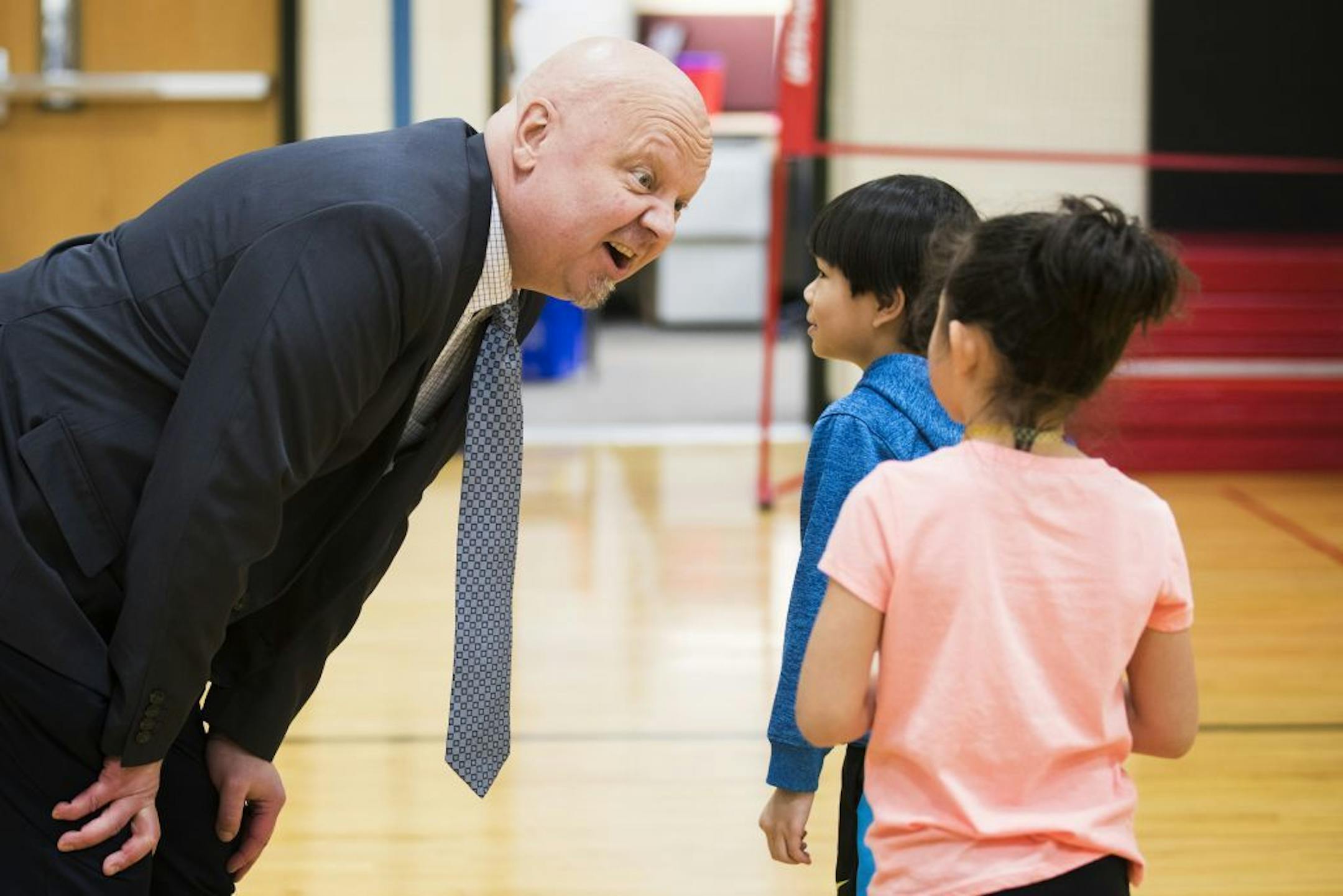 Superintendent Gary Anger, who took the top spot in Shakopee last year, chatted with first-graders. There are 31 superintendent vacancies across the state for the coming year.