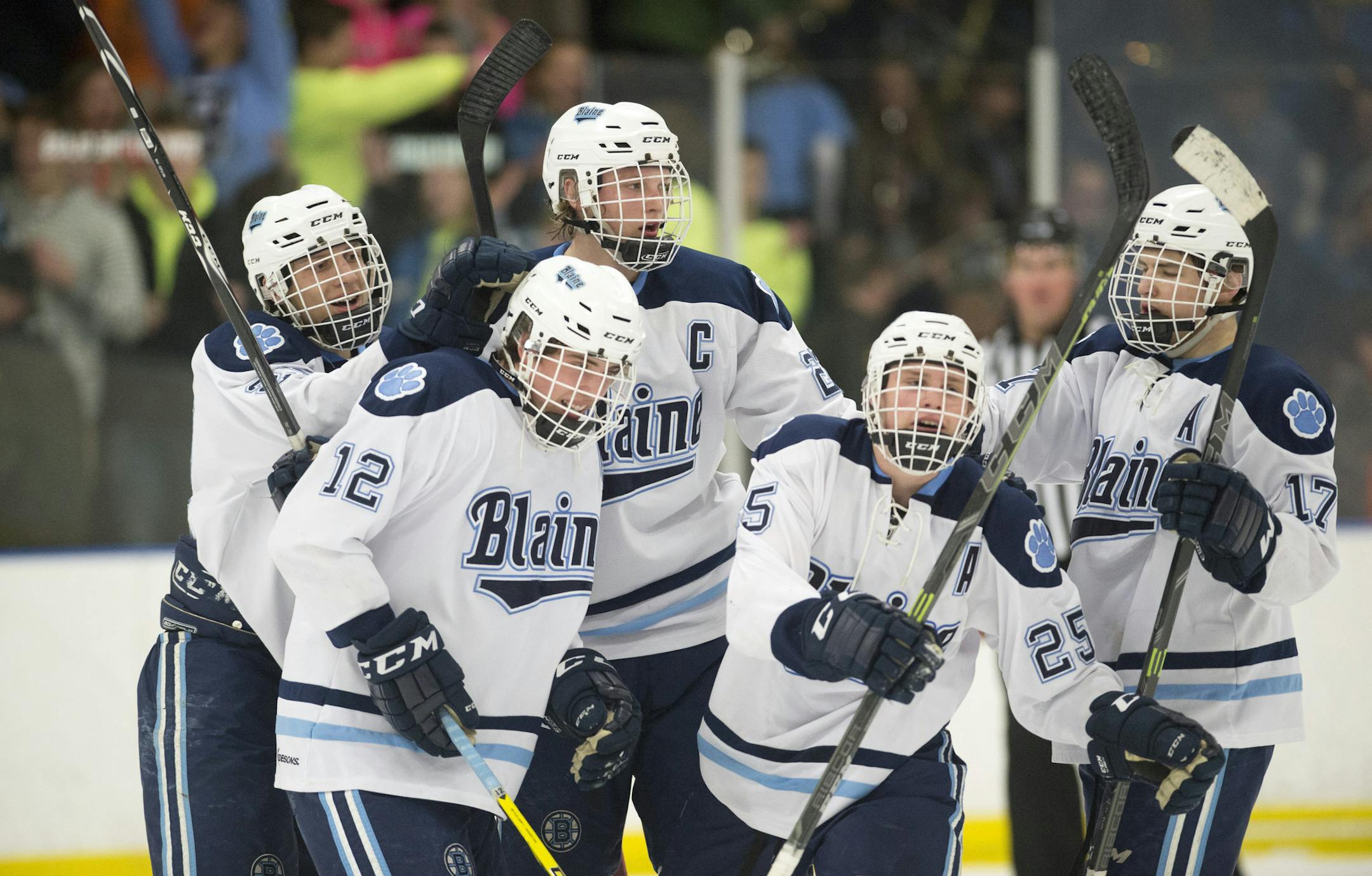 The Blaine Bengals celebrate a goal scored against Centennial in the second period. ] (Aaron Lavinsky | StarTribune) Blaine plays Centennial in the Class 2A Section 5 boy's hockey final at Aldrich Arena in Maplewood.