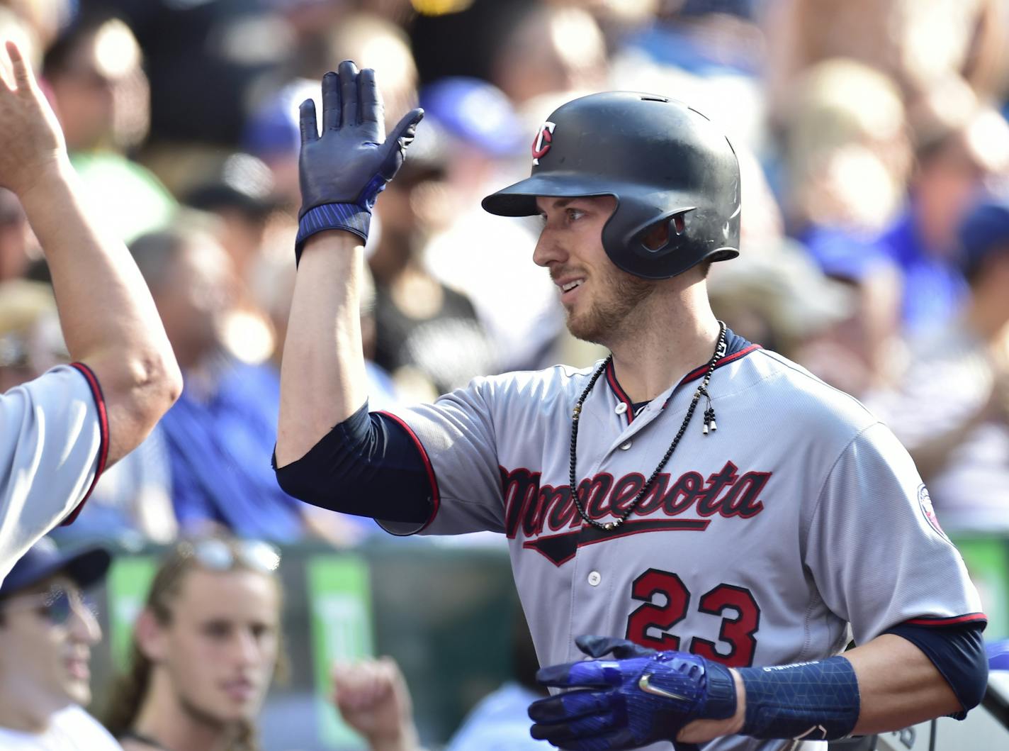 Minnesota Twins' Mitch Garver (23) celebrates his home run against the Toronto Blue Jays during the sixth inning of a baseball game Wednesday, July 25, 2018, in Toronto. (Frank Gunn/The Canadian Press via AP)