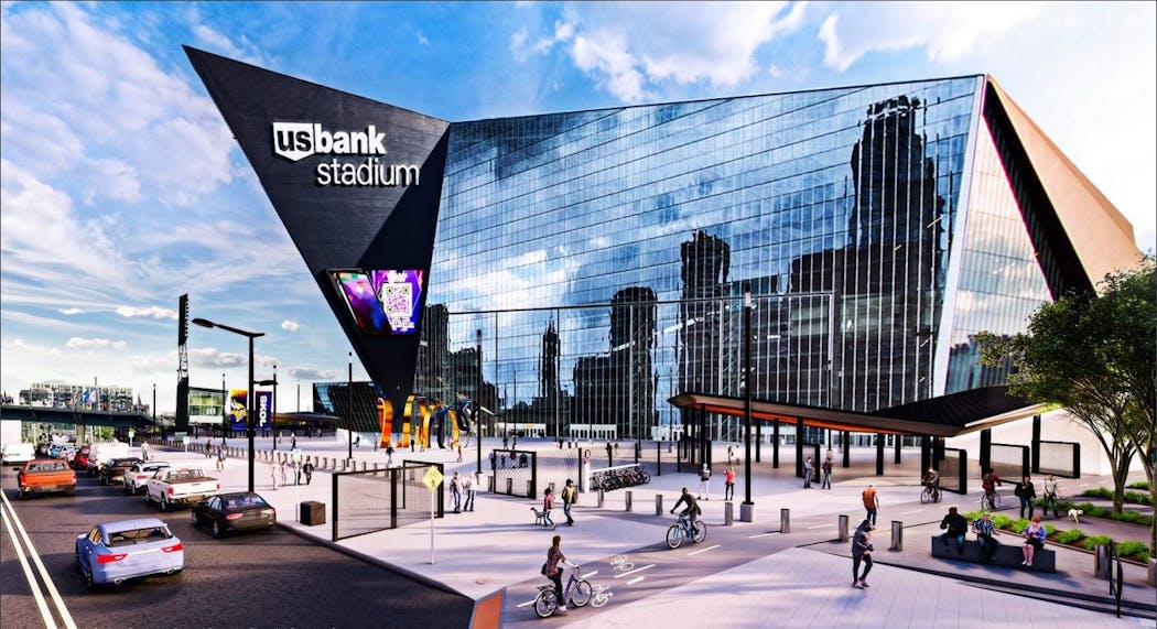 Rendering of U.S. Bank Stadium everyday use view with permanent secured perimeter Phase 2, from Chicago Avenue S. in Minneapolis.