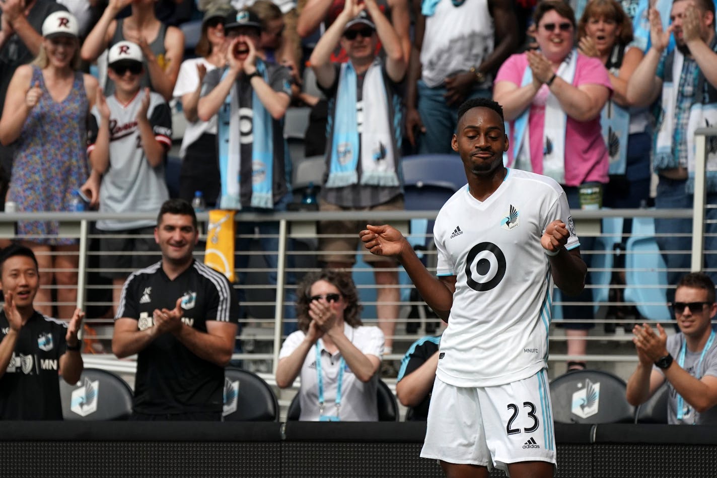 Minnesota United forward Mason Toye (23) celebrated after he scored a goal in the second half. ] ANTHONY SOUFFLE &#x2022; anthony.souffle@startribune.com The Minnesota United played FC Cincinnati in an MLS match Saturday, June 29, 2019 at Allianz Field in St. Paul, Minn.