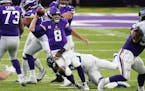 Minnesota Vikings quarterback Kirk Cousins (8) was sacked as he made a pass in the fourth quarter. ] ANTHONY SOUFFLE • anthony.souffle@startribune.c