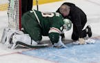 Wild goaltender Devan Dubnyk, hurting after two players slid into him Tuesday night, was back on the job Friday.