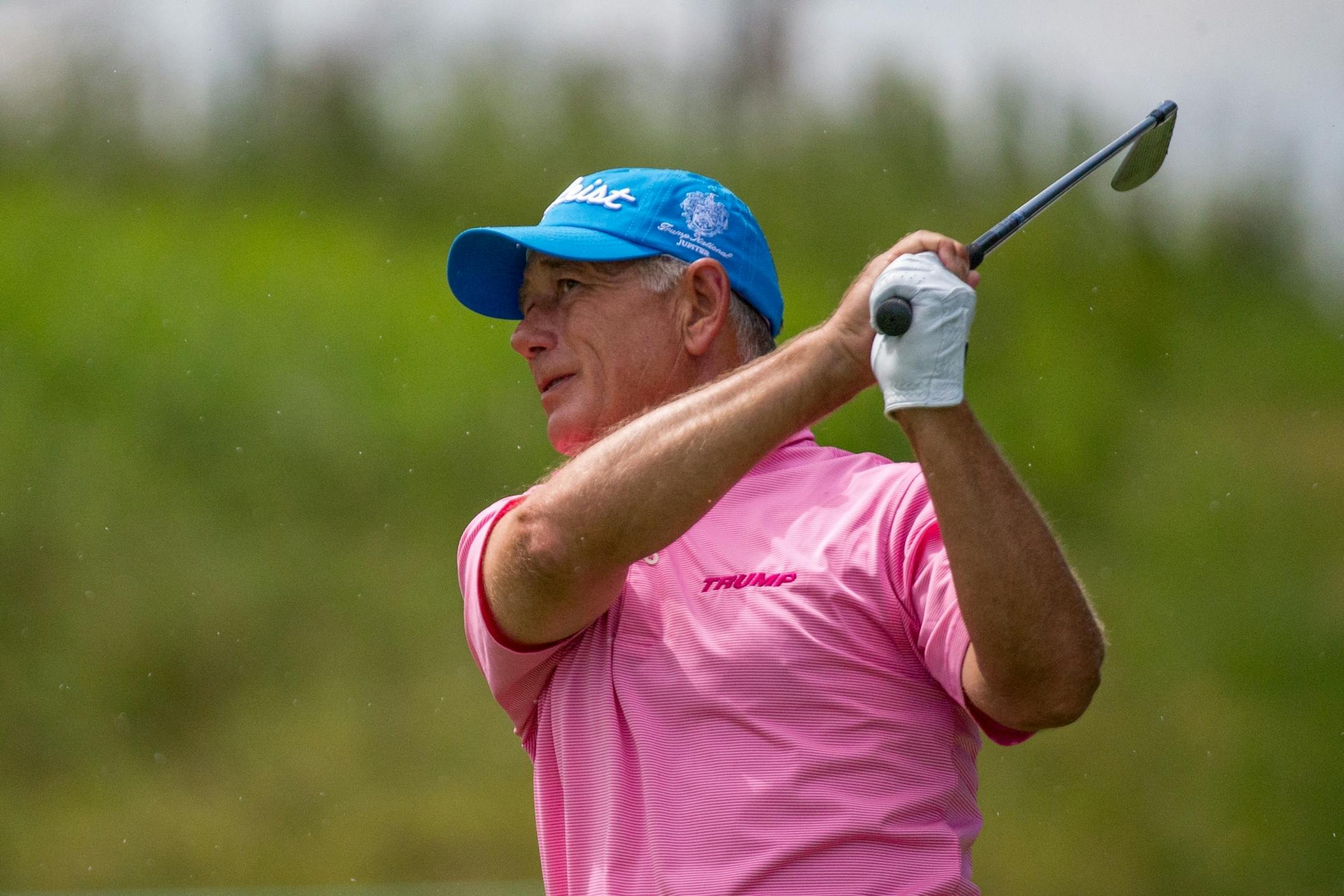Mike Goodes tees off while it begins to rain during round one of the 3M Championship. Goodes and Kenny Perry are the two leaders after round one.