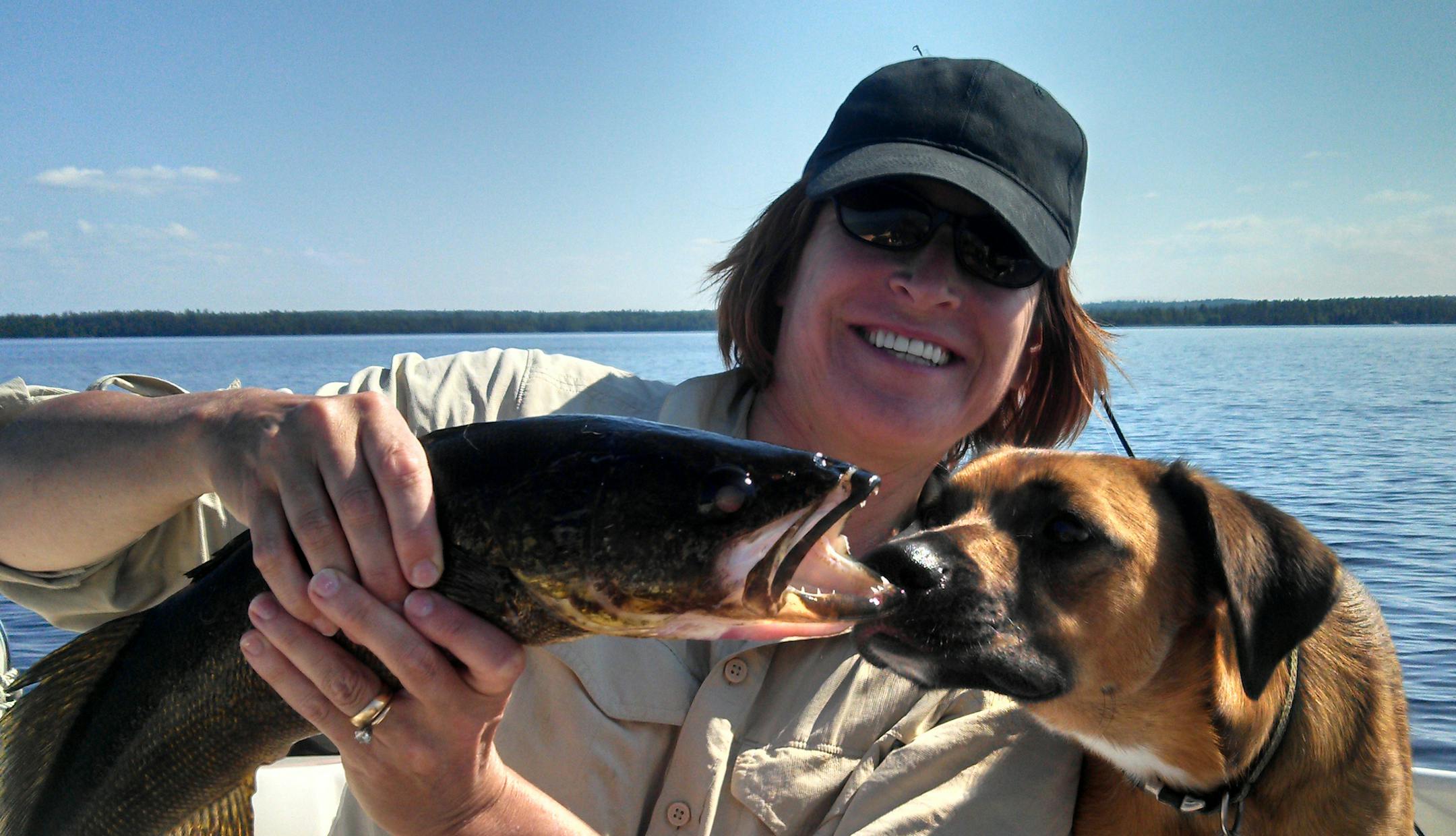Ruth O’Neill of Minnetonka caught this walleye on a recent outing on Rainy Lake. “He hit the line hard, then stayed stone-still for a minute or two, so no one took me seriously when I said, ‘Get the net,’ ” O’Neill said. “My dog George [first time fishing for him!] was mesmerized by this walleye that measured just shy of 25 inches. We let the two of them touch noses before we let this lunker go.”