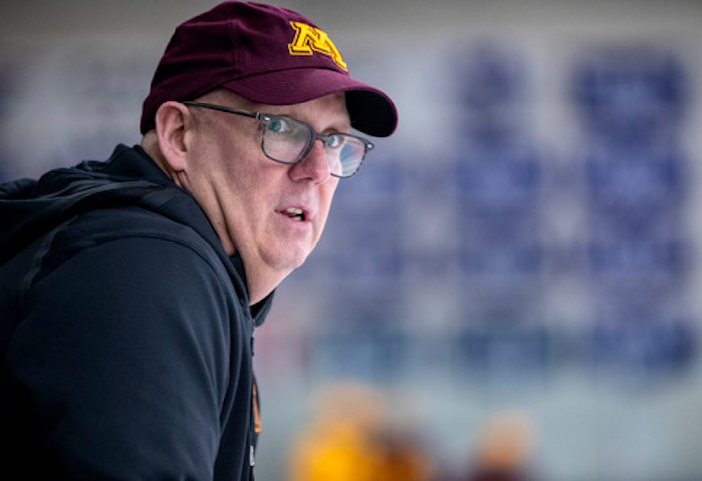 Minnesota Gophers head coach Bob Motzko during a practice at Fogerty Arena during a Skate the Cities event in Blaine.