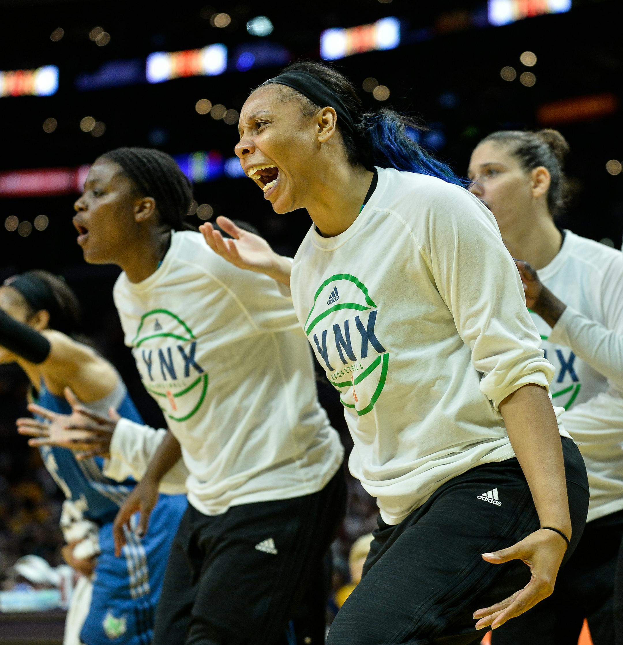 The Minnesota Lynx bench, including forward Plenette Pierson, center, celebrated a 3-point basket by guard Renee Montgomery in the first quarter. ] AARON LAVINSKY &#xef; aaron.lavinsky@startribune.com The Minnesota Lynx played the Los Angeles Sparks in game four of the WNBA Finals on Sunday, Oct. 1, 2017 at Staples Center in Los Angeles, California.