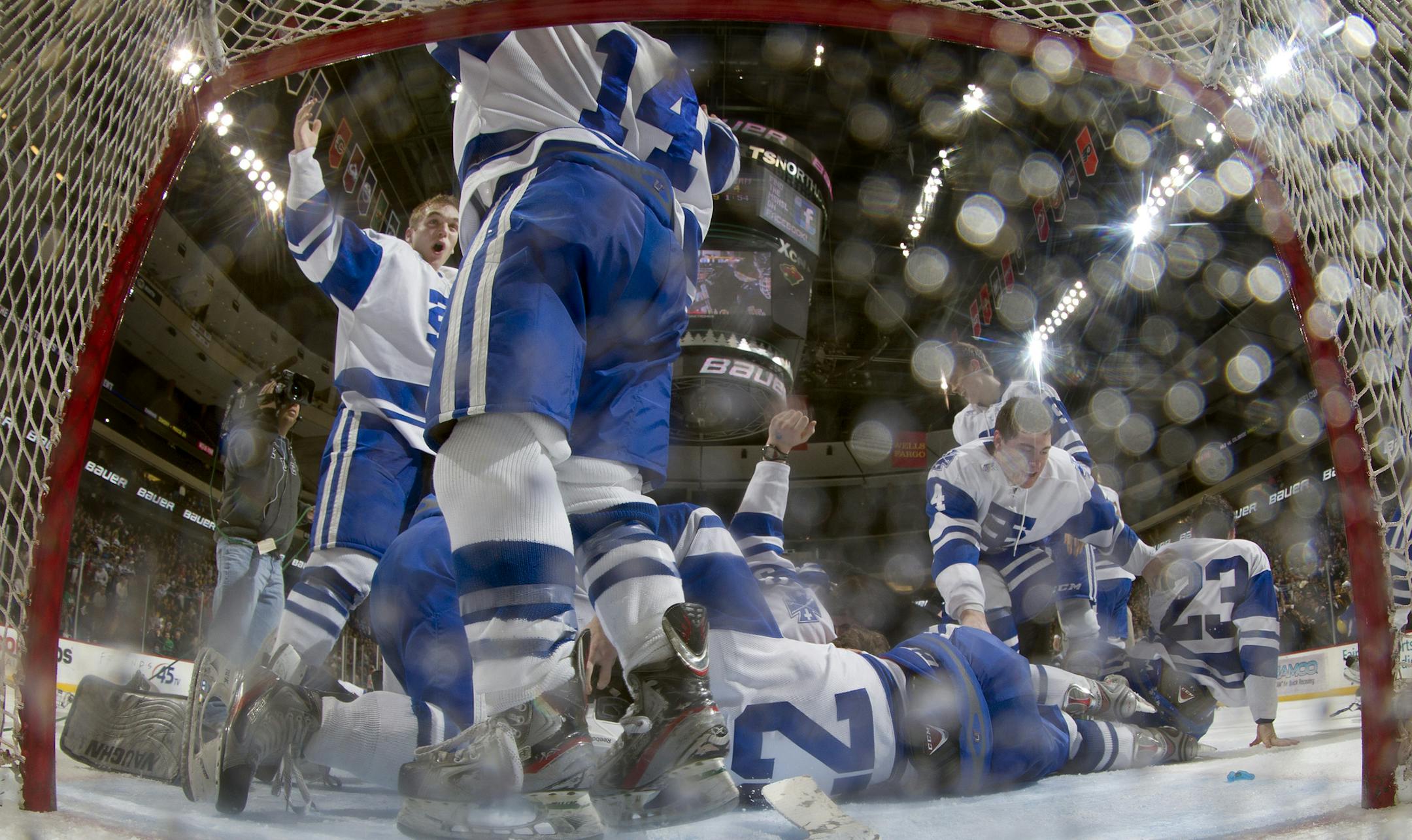 St. Thomas Academy players celebrated at the end of the game. St. Thomas Academy beat Hermantown by a final score 5-4. ] CARLOS GONZALEZ cgonzalez@startribune.com - March 9, 2013, St. Paul, Minn., Xcel Energy Center, Minnesota High School Boys State Hockey, 1A Finals, St. Thomas Academy vs. Hermantown
