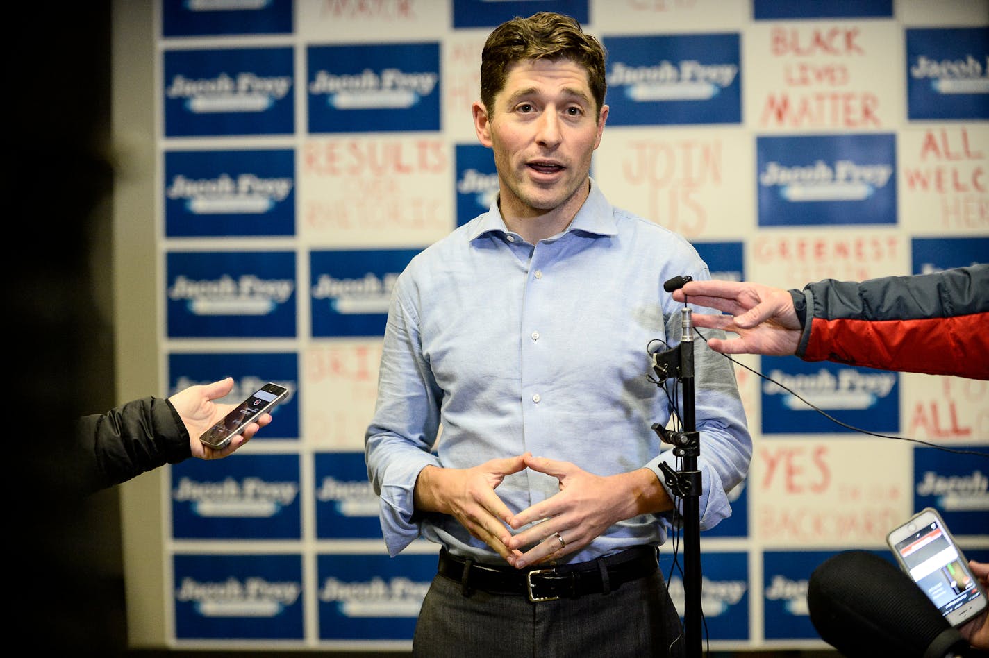 Minneapolis mayor elect Jacob Frey spoke to the media at his headquarters after it was announced that he won Tuesday night's mayoral election. ] AARON LAVINSKY &#xef; aaron.lavinsky@startribune.com Minneapolis mayor elect Jacob Frey spoke to the media at his headquarters on Wednesday, Nov, 8, 2017 in MInneapolis, Minn.