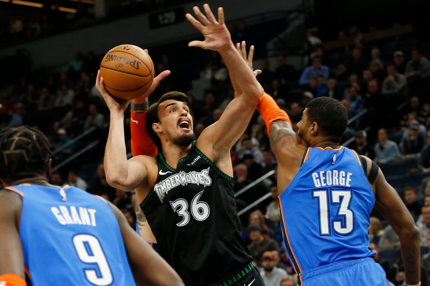 Wolves forward Dario Saric (shown in a recent game against the Thunder) had 13 points and six rebounds Saturday night in a 135-130 overtime victory over the Wizards.