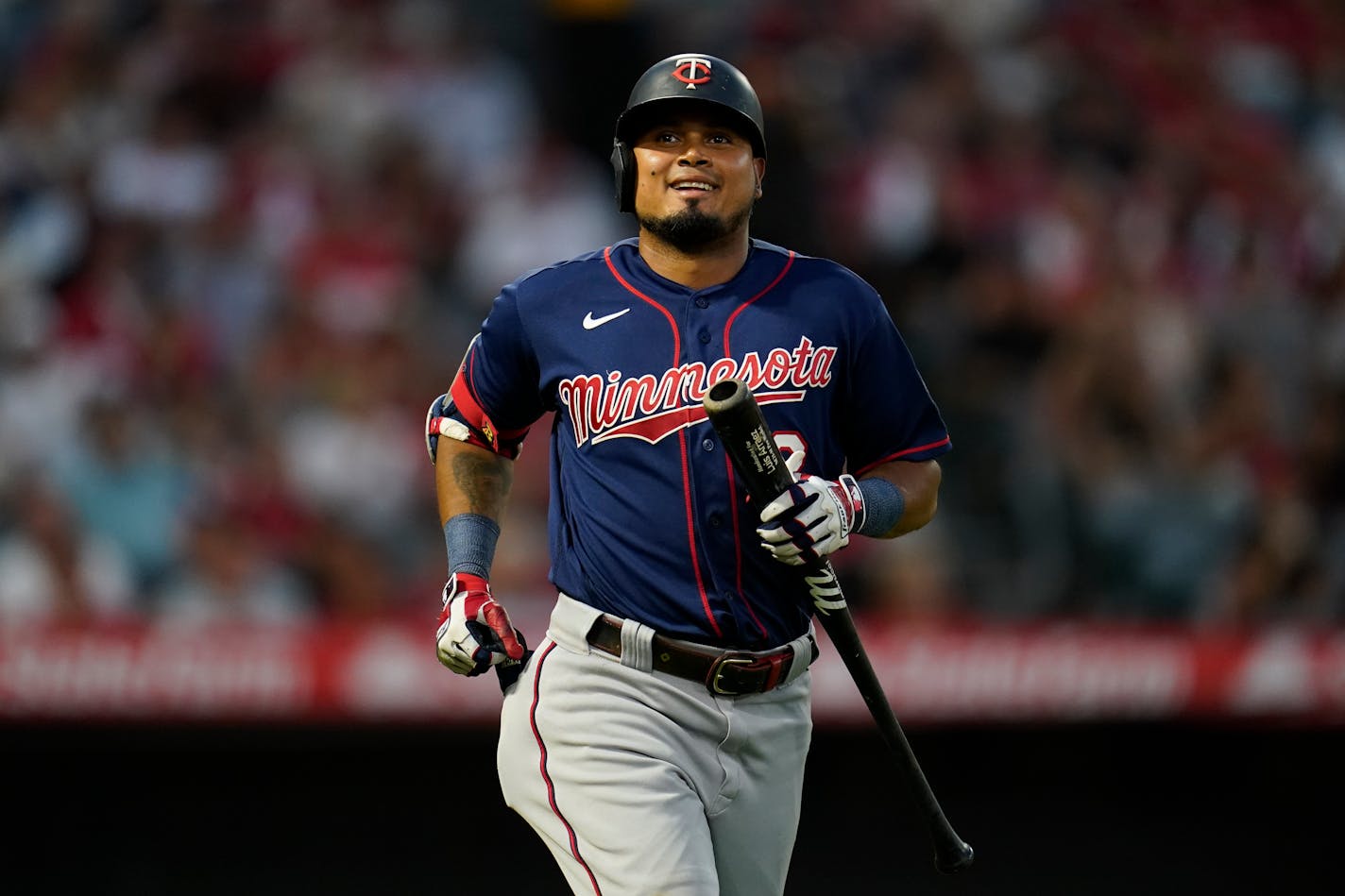 Minnesota Twins' Luis Arraez (2) reacts after lining out to right field during the fourth inning of a baseball game against the Los Angeles Angels in Anaheim, Calif., Friday, Aug. 12, 2022. (AP Photo/Ashley Landis)