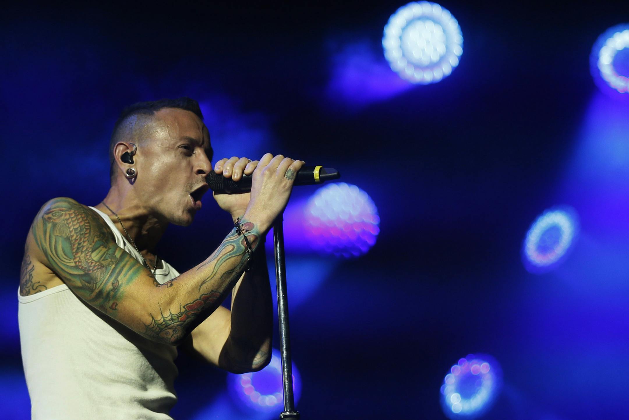 Chester Bennington lead vocals for the band Linkin Park performed for the audience at the State Fair Tuesday night August 26 , 2014 in Falcon Heights ,MN . ] Jerry Holt Jerry.holt@startribune.com