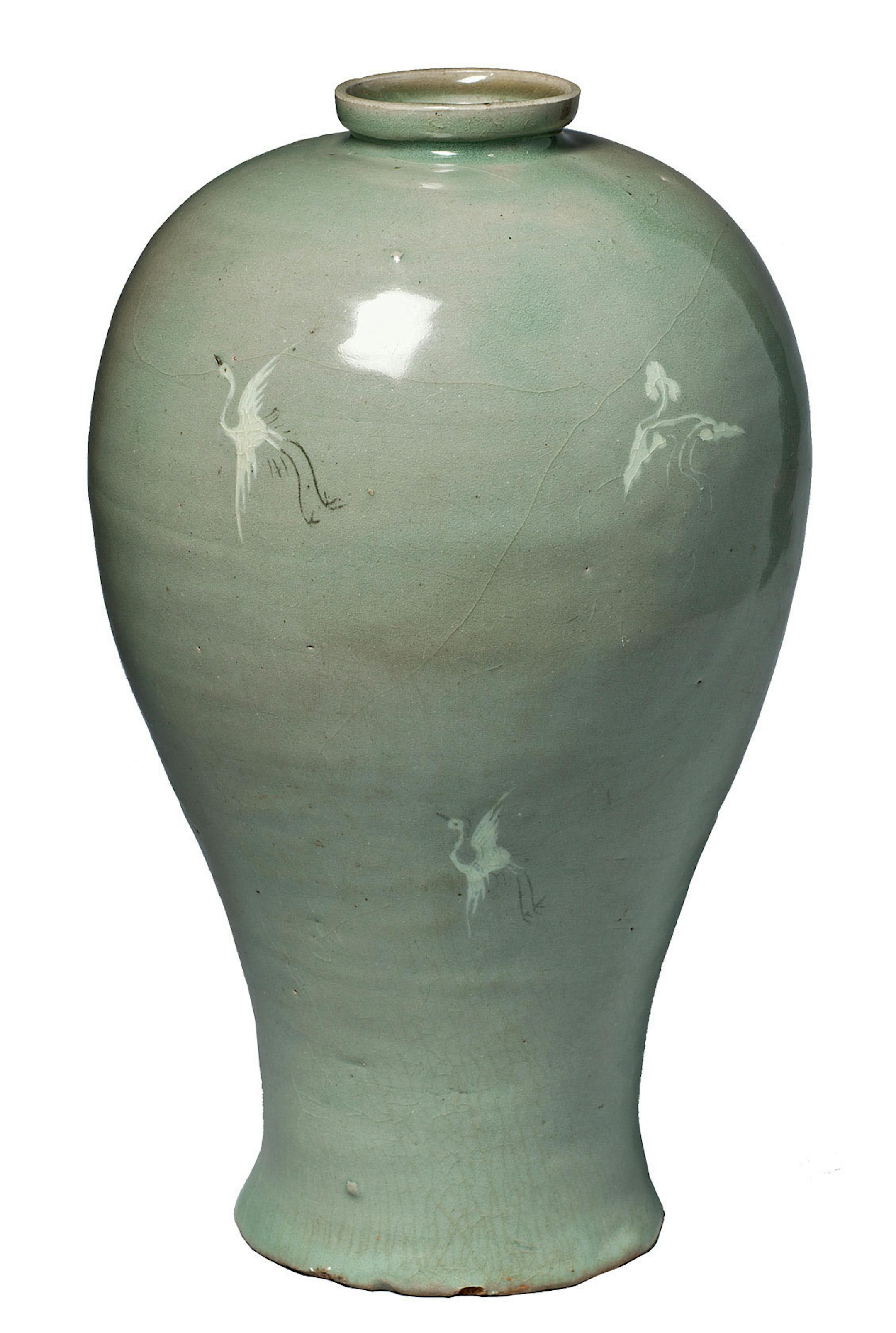 Korean, Maebyeong with Flying Cranes and Clouds , Goryeo dynasty, 12th century, stoneware with inlaid design under celadon glaze, 12 1/2 in. (31.6 cm), Minneapolis Institute of Arts, Mary Griggs Burke Collection, Gift of the Mary and Jackson Burke Foundation Fall Arts preview 2015