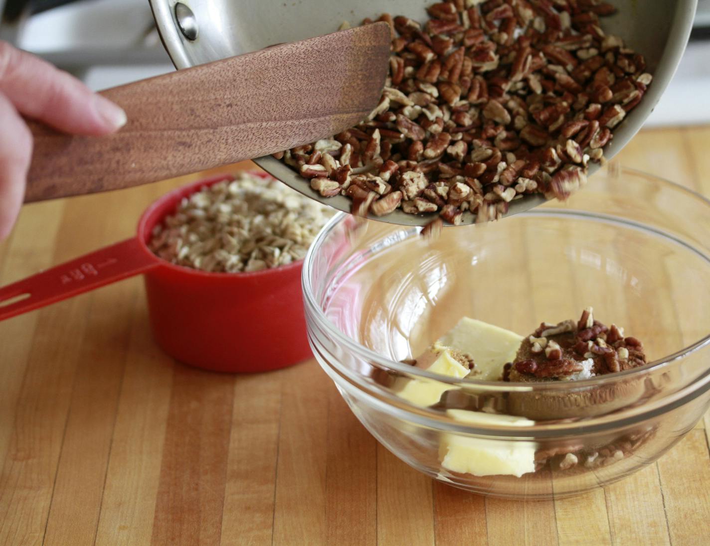 Baking Central - Lemon Lush -in progress shots combinming roasted nuts with butter, oats, etc ] Tom Sweenet, March 18, 2015, Edina, MN