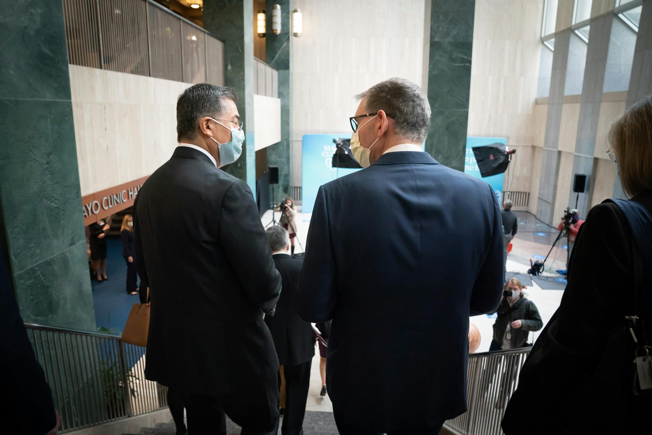 Department of Health and Human Services Sec. Xavier Becerra, left, talked with Mayo CEO Gianrico Farrugia as they arrived at a press conference after the tour. Becerra toured Mayo Clinic, Wednesday, Nov. 10, 2021, in Rochester, Minn. He traveled to Minnesota to encourage pediatric vaccinations and highlight the Biden-Harris Administration's plans to build back better through investments in affordable drug prices. ] GLEN STUBBE • glen.stubbe@startribune.com