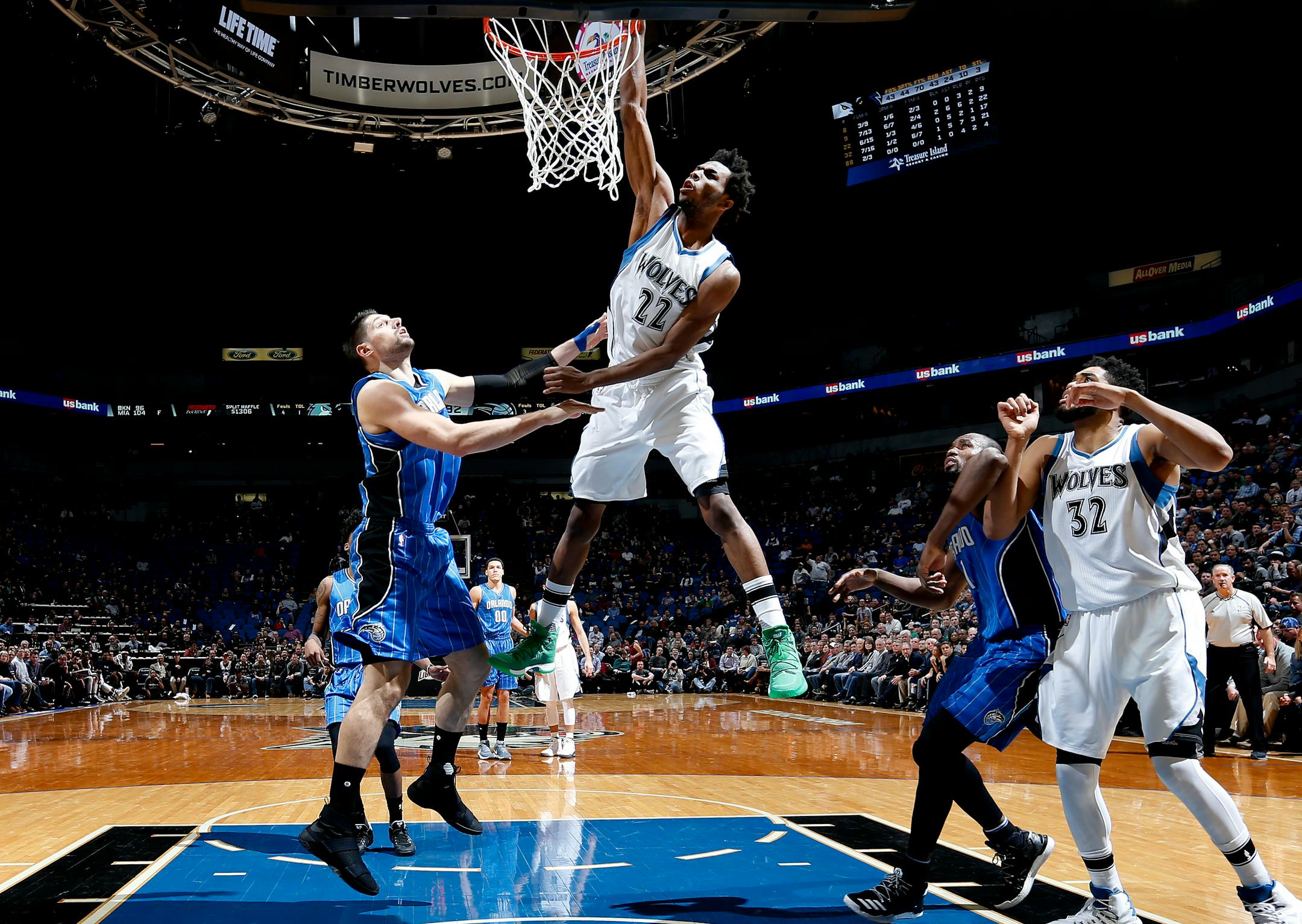 Wolves guard Andrew Wiggins dunked the ball in the fourth quarter in a 111-105 victory over the Magic at Target Center. Wiggins finished with 27 points. ] CARLOS GONZALEZ � cgonzalez@startribune.com - January 30, 2017, Minneapolis, MN, Target Center, NBA, Minnesota Timberwolves vs. Orlando Magic