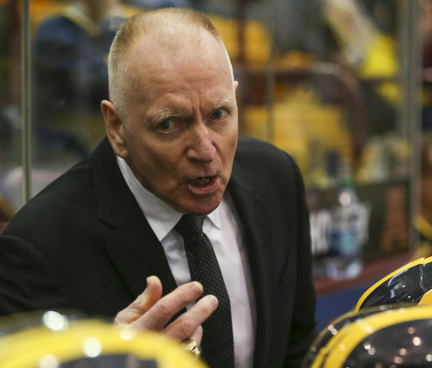 Wolverines head hockey coach Red Berenson talked to his players in the third period. ] JEFF WHEELER &#xef; jeff.wheeler@startribune.com The University of Minnesota men's hockey team lost 6-2 to the University of Michigan Thursday night, February 25, 2016 at Mariucci Arena in Minneapolis.