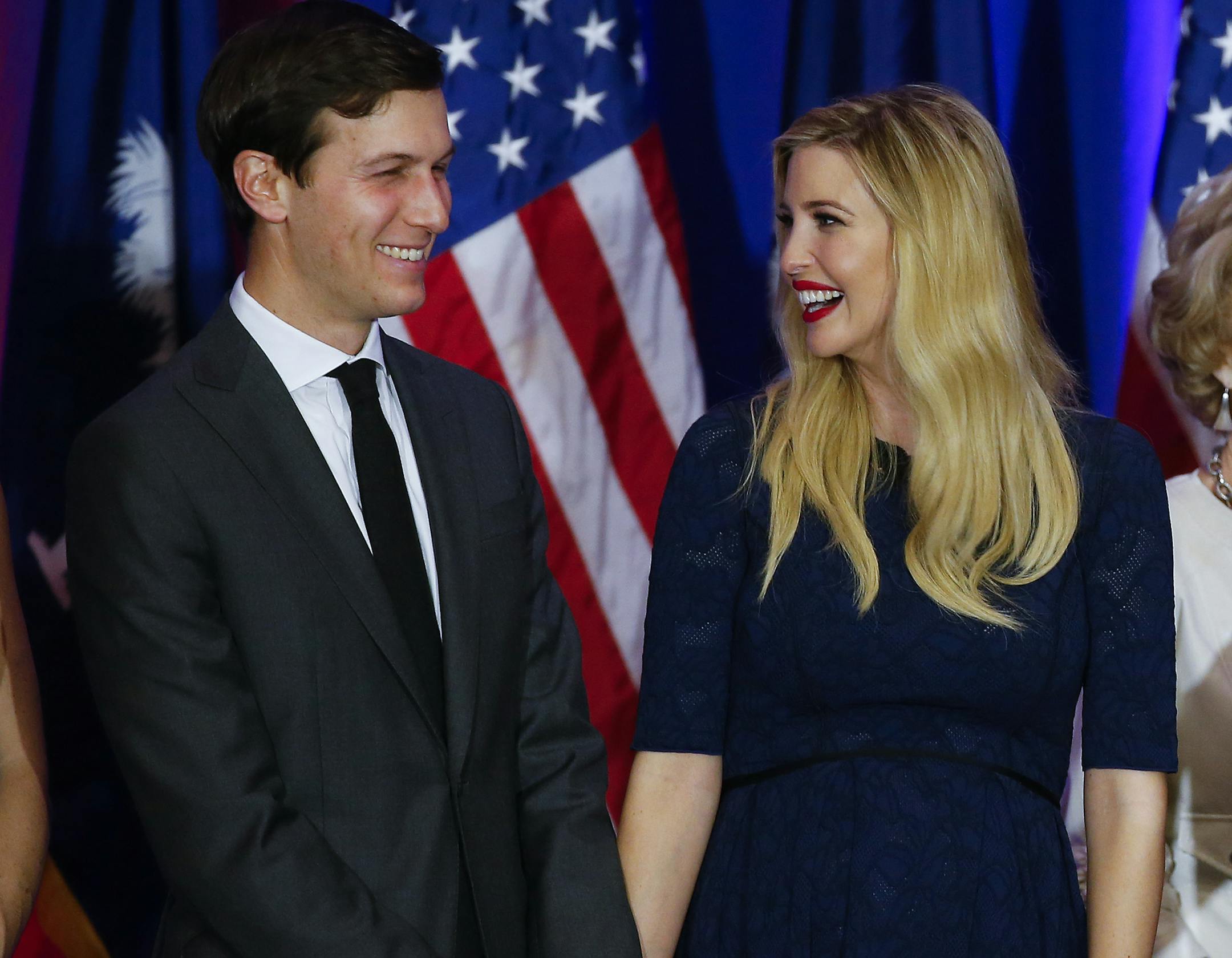 Jared Kushner and his wife, Ivanka Trump, smile at a Republican presidential candidate Donald Trump rally at a South Carolina Republican primary night event, Saturday, Feb. 20, 2016 in Spartanburg, S.C. (AP Photo/Paul Sancya)