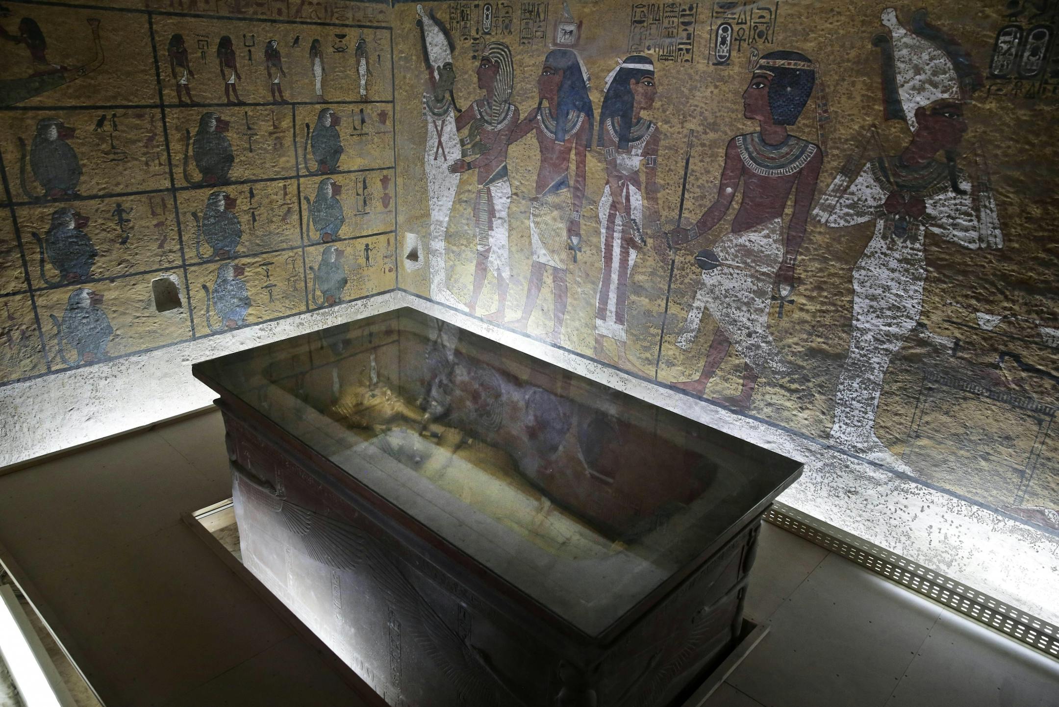 The tomb of King Tut is displayed in a glass case at the Valley of the Kings in Luxor, Egypt, Tuesday, Sept. 29, 2015.