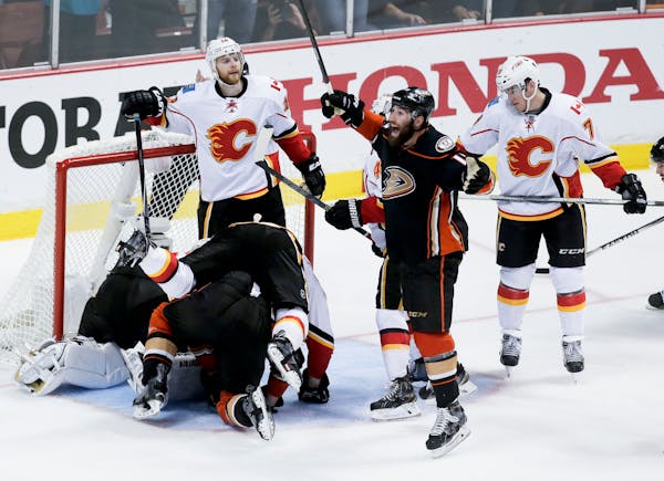 Anaheim Ducks left wing Patrick Maroon celebrates after Corey Perry's game winning goal during overtime in Game 5 of an NHL hockey second-round playof