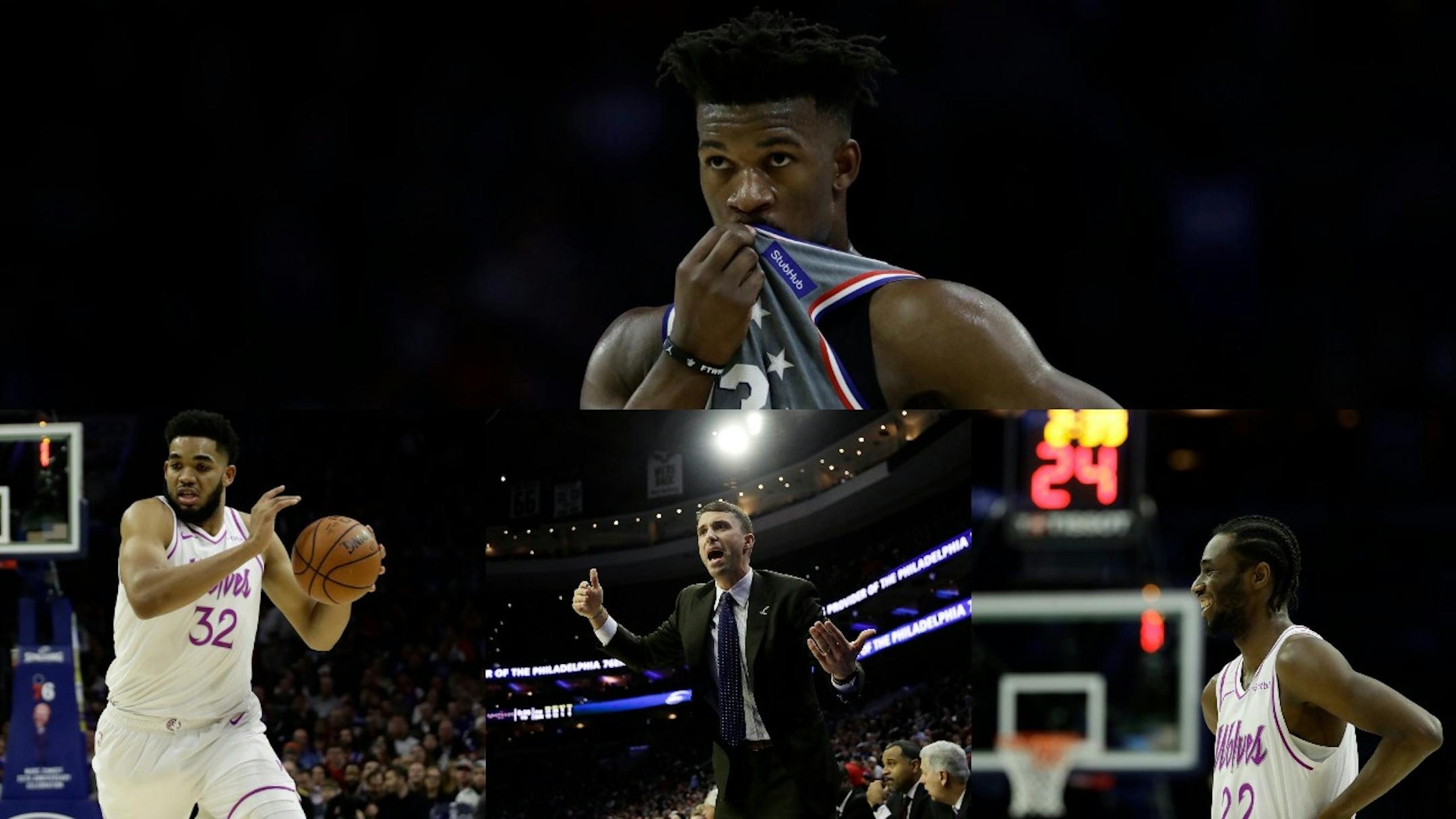 Before Jimmy Butler (top) left the Wolves via a trade he forced, he accused the team of lacking toughness. When they met again Tuesday in Philadelphia, Butler appeared to be right, and there was nothing (bottom, left to right) Karl-Anthony Towns, coach Ryan Saunders and Andrew Wiggins could do about it.
