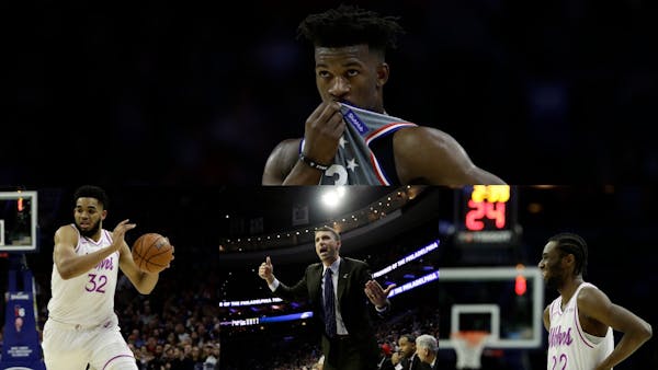 Before Jimmy Butler (top) left the Wolves via a trade he forced, he accused the team of lacking toughness. When they met again Tuesday in Philadelphia