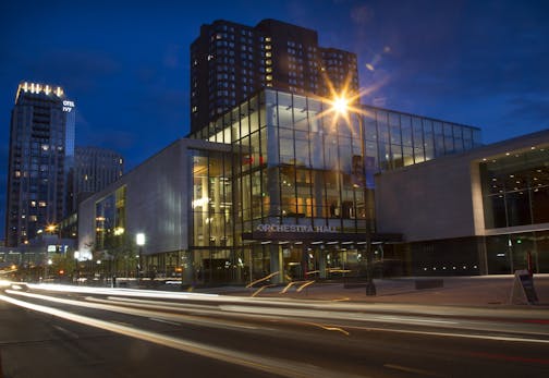 As renovated, Orchestra Hall presents a new facade along 11th Street and a new "front door" facing Peavey Plaza and Nicollet Mall.