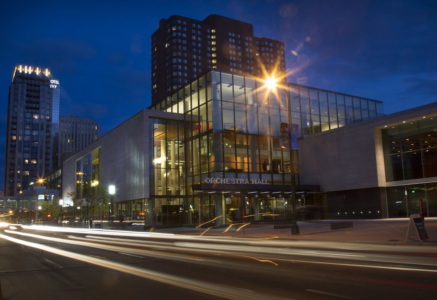 As renovated, Orchestra Hall presents a new facade along 11th Street and a new "front door" facing Peavey Plaza and Nicollet Mall.