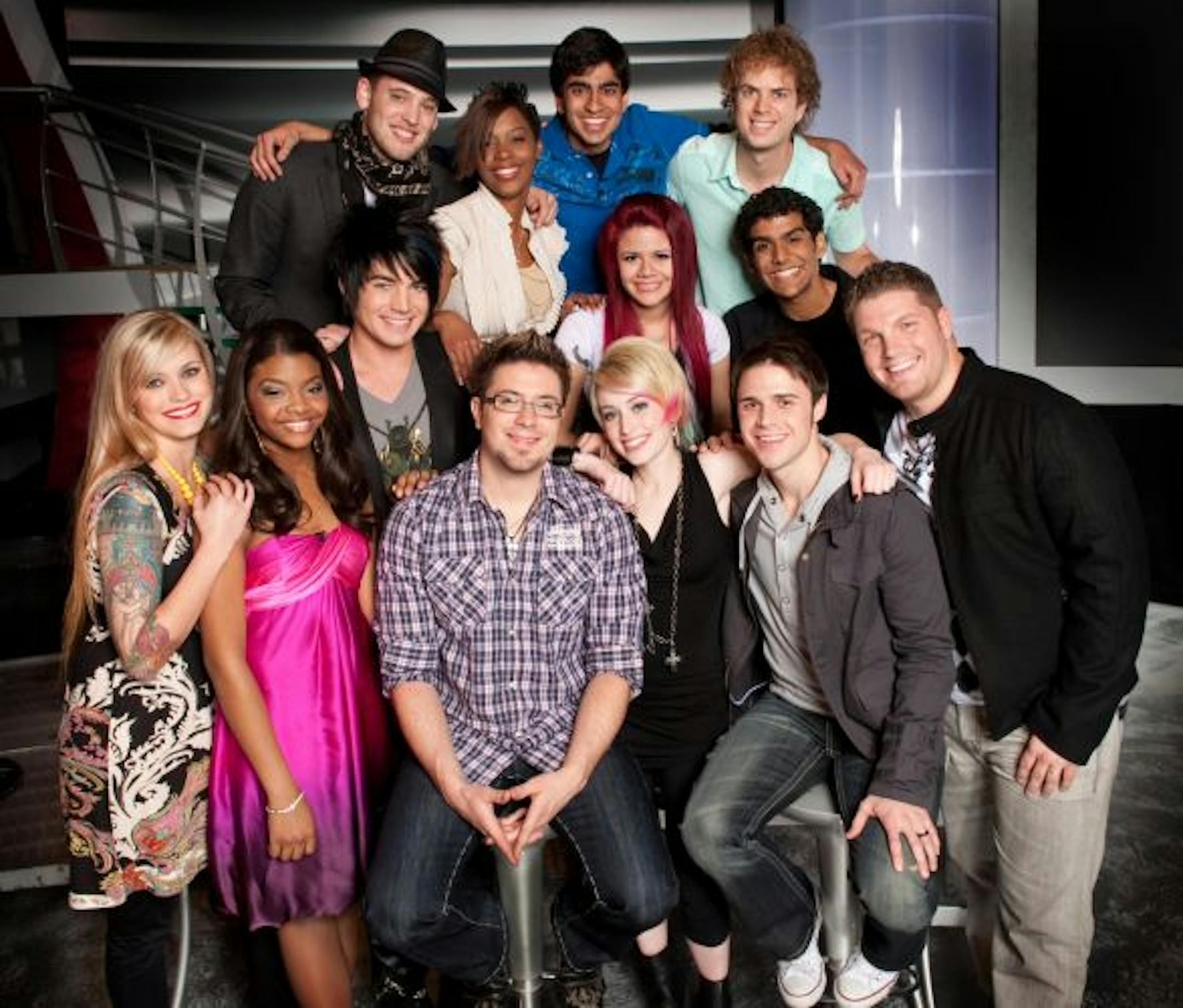 "American Idol": Top 13: Bottom row, L-R: Megan Corkrey, Jasmine Murray, Danny Gokey, Alexis Grace, Kris Allen and Michael Sarver. Middle Row L-R: Adam Lambert, Allison Iraheta and Jorge Nunez. Top Row L-R: Matt Giraud, Lil Rounds, Anoop Desai and Scott MacIntyre.