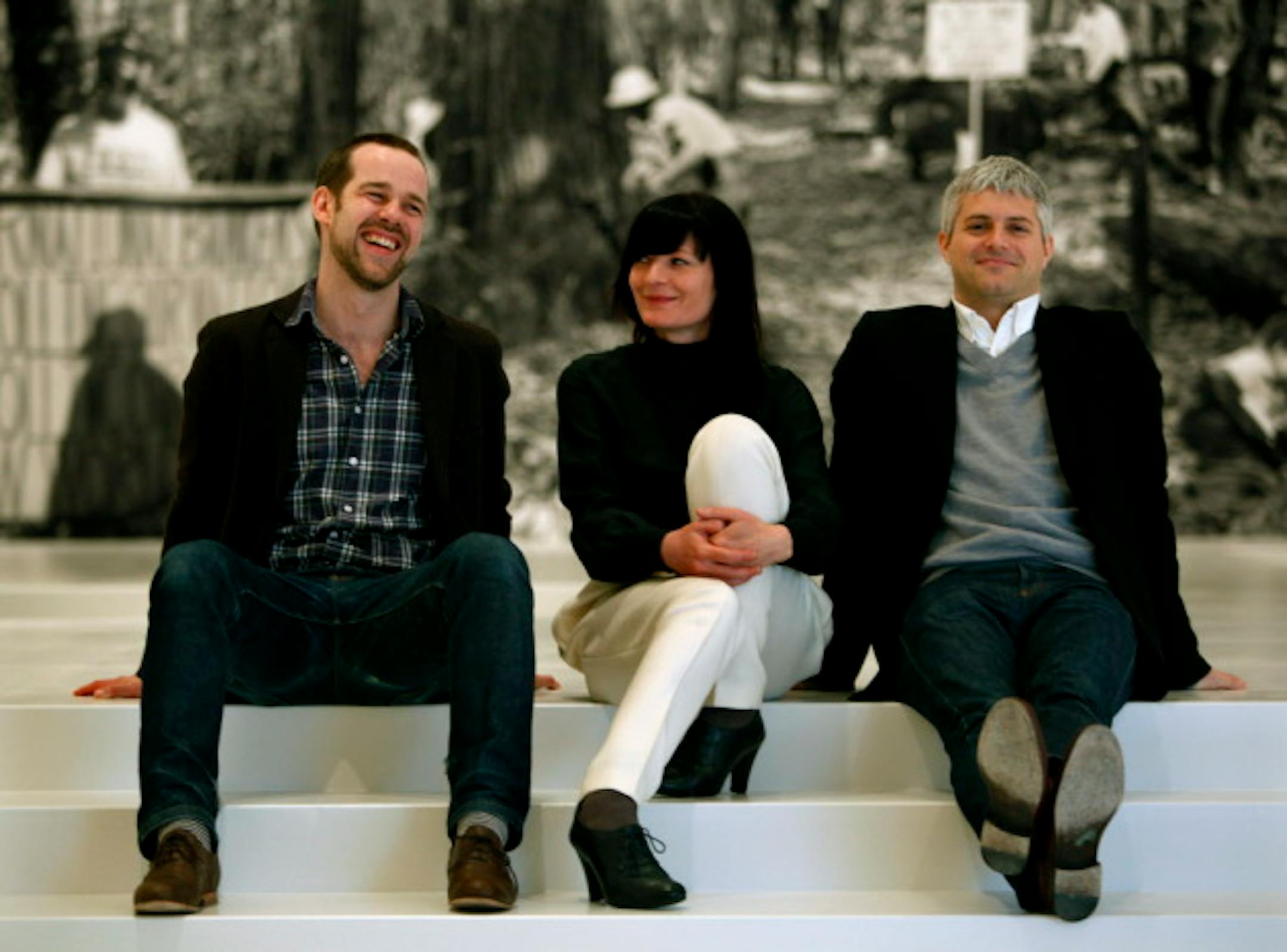 joelkoyama•jkoyama@startribune.com art0422 20017429A Polish-born, London-based artist Goshka Macuga is installing a small solo show at Walker including a 50 ft. long, 14 ft. tall tapestry about Walker's woodland history including woven portraits of past directors and artists standing in a forest glade. All part of a political investigation of WAC and Tea Party. :] (l to r) Bartholomew Ryan, Assistant Curator at the Walker, co-curator of Macuga exhibition, Goshka Macuga, and Peter Eleey, Curator