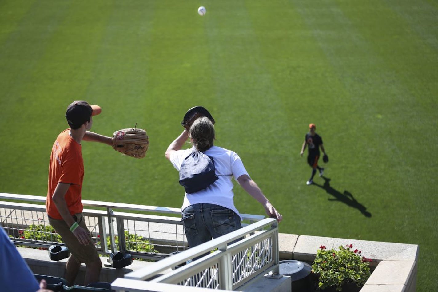 Mateo Fischer and Tony Voda competed to a home run catch in right field during Orioles batting practice before the Twins verse Orioles games at Target Field on Tuesday, July 7, 2015, in Minneapolis, Minn. Voda caught the ball.