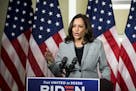 Sen. Kamala Harris (D-Calif.), the Democratic nominee for vice president, speaks before reporters during a livestream campaign event at Shaw Universit