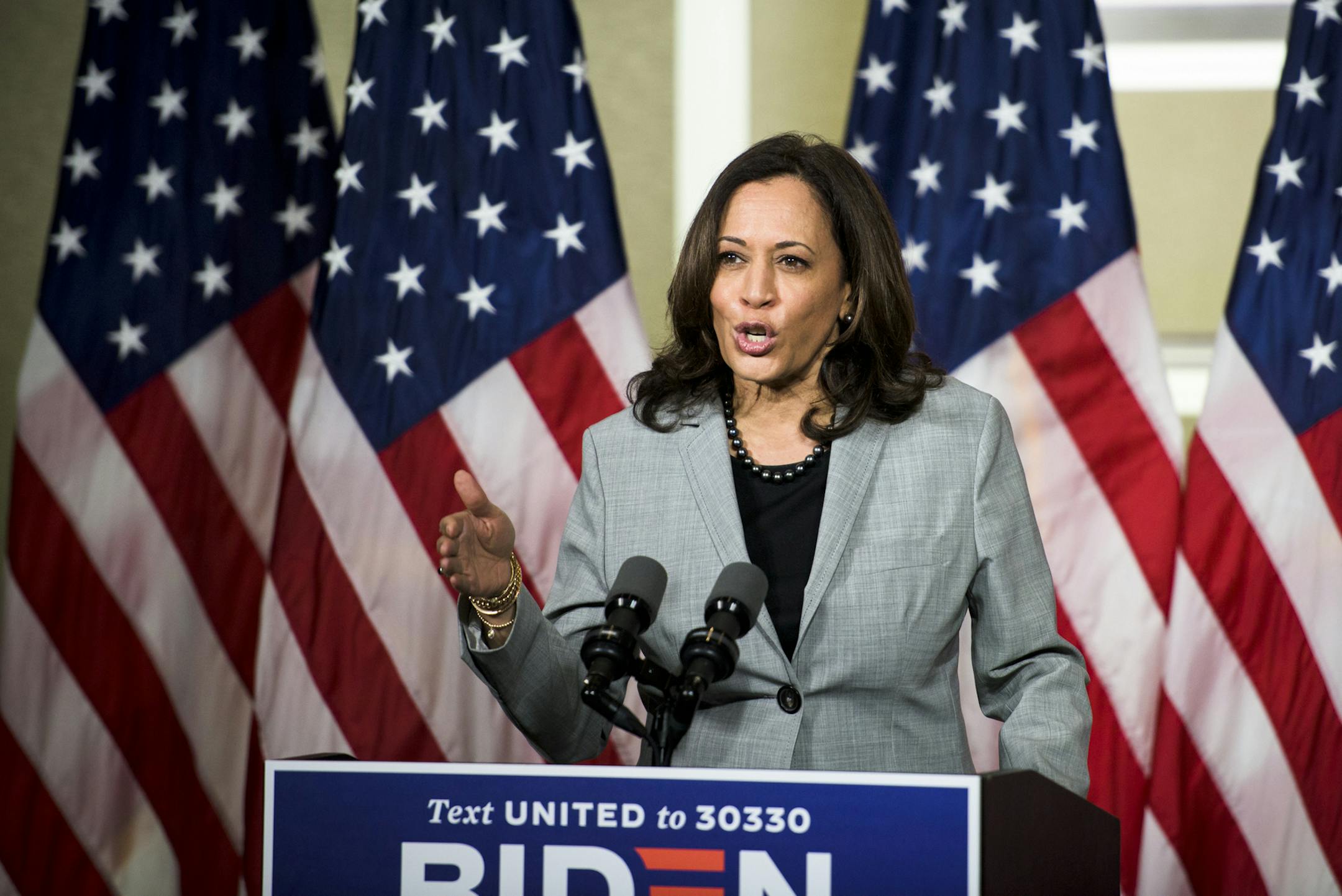 Sen. Kamala Harris (D-Calif.), the Democratic nominee for vice president, speaks before reporters during a livestream campaign event at Shaw University in Raleigh, N.C., Monday, Sept, 28, 2020. (Pete Kiehart/The New York Times)]