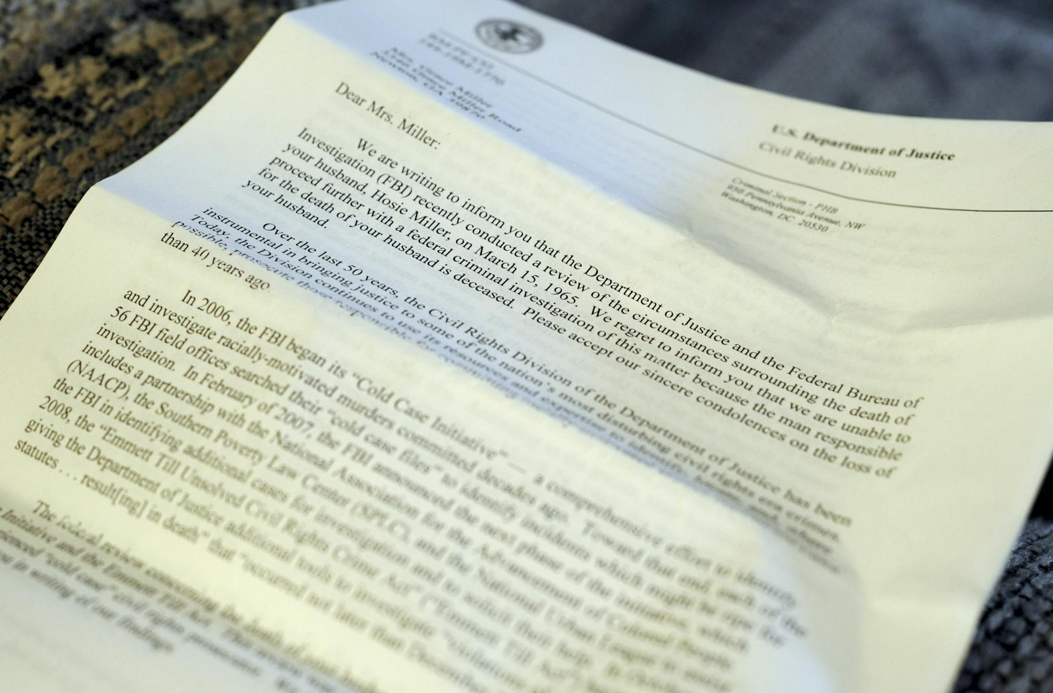 A letter that Grace Hall Miller received from the FBI two years ago on a cold case involving her husband, at her home in Newton, Ga., March 7, 2013. Miller was widowed in 1965 when her husband, Hoise Miller, was shot by a white farmer, who was never punished. (Sarah Beth Glicksteen/The New York Times)