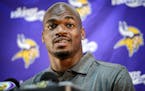 Vikings running back Adrian Peterson speaks at a news conference in Eden Prairie, Minn., Tuesday June 2, 2015. Peterson practiced with the Vikings for