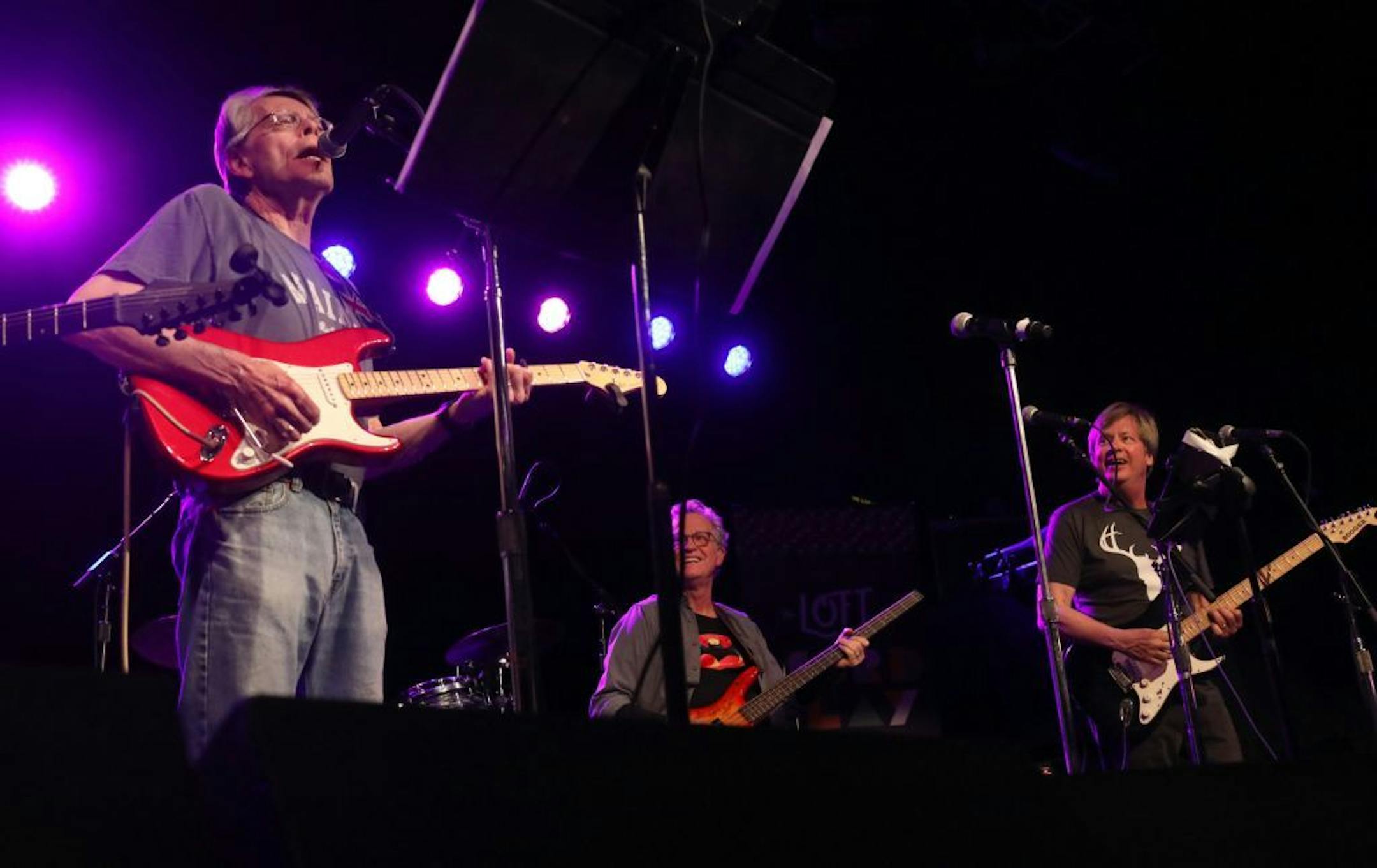 The Rock Bottom Remainders--including literary giants Stephen King, Amy Tan, Dave Barry and other writers--kicked off the Wordplay Festival Friday, May 10, 2019, at First Avenue in Minneapolis, MN. Here, with band mate Dave Barry, right, looking on Stephen King sang lead on "Stand by Me," during their First Avenue show. Between band members, they've published more than 150 titles and sold more than 350 million books.