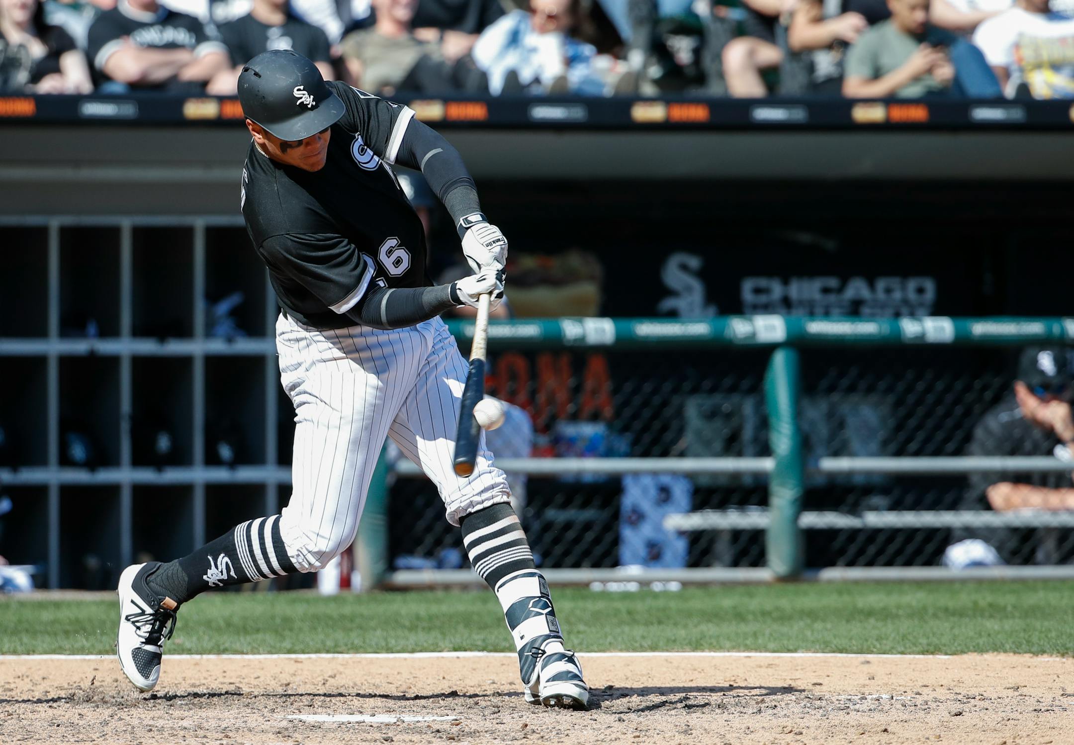 Chicago White Sox designated hitter Avisail Garcia hits a two-run home run off Minnesota Twins relief pitcher Justin Haley during the sixth inning of a baseball game, Saturday, April 8, 2017, in Chicago. (AP Photo/Kamil Krzaczynski)
