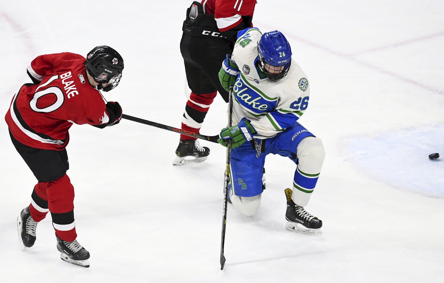 Eden Prairie forward Jackson Blake (10) scored a goal past Blake defenseman Jake Svenddal (26) in the third period.