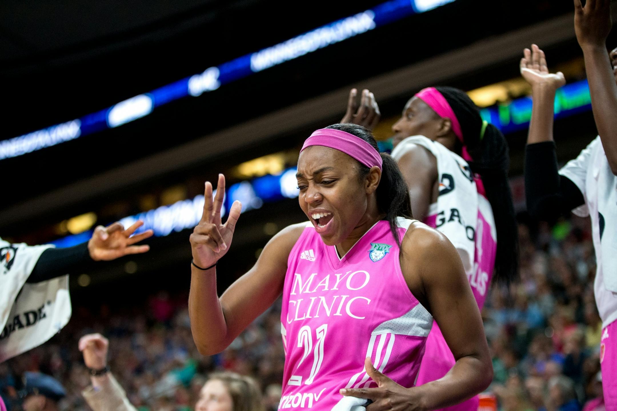 Minnesota Lynx guard Renee Montgomery celebrates during the second half against the Indiana Fever on Friday, Aug. 18, 2017, at Xcel Energy Center.