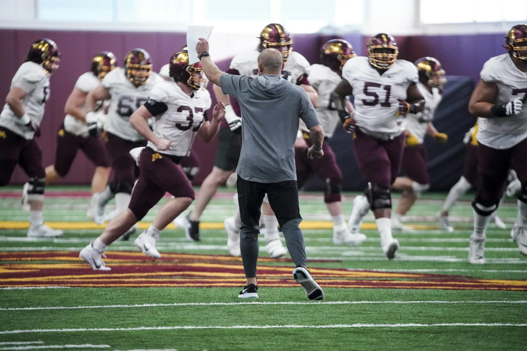 Head coach P.J. Fleck during the first open Gopher football practice at the University of Minnesota in Minneapolis, Minn., on Friday, March 6, 2020.