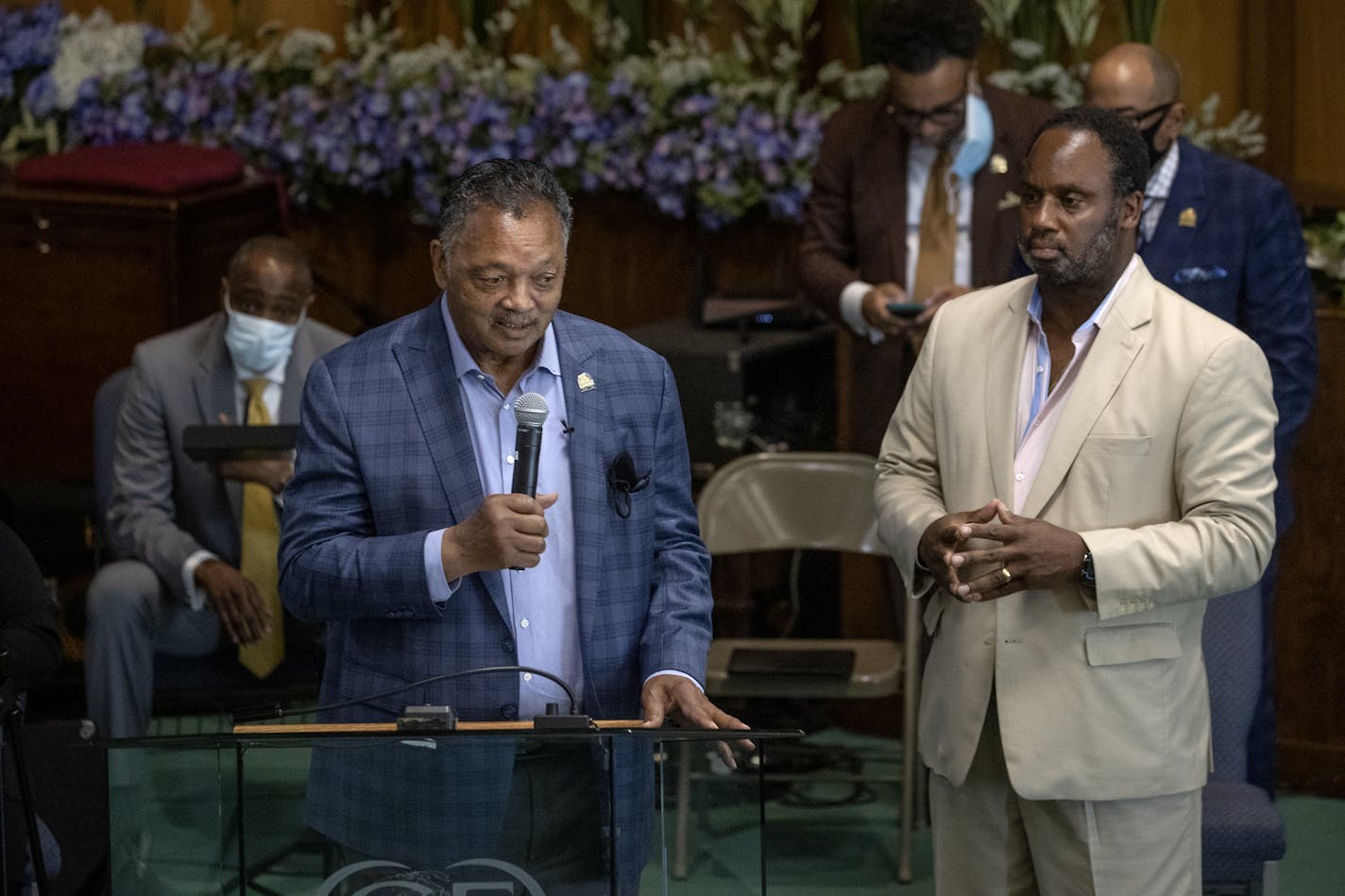 The Rev. Jesse L. Jackson, left, and his son met with faith leaders to send a message of solidarity and demand justice in the death of George Floyd at Greater Friendship Missionary Baptist Church, Thursday, May 28, 2020 in Minneapolis, MN.