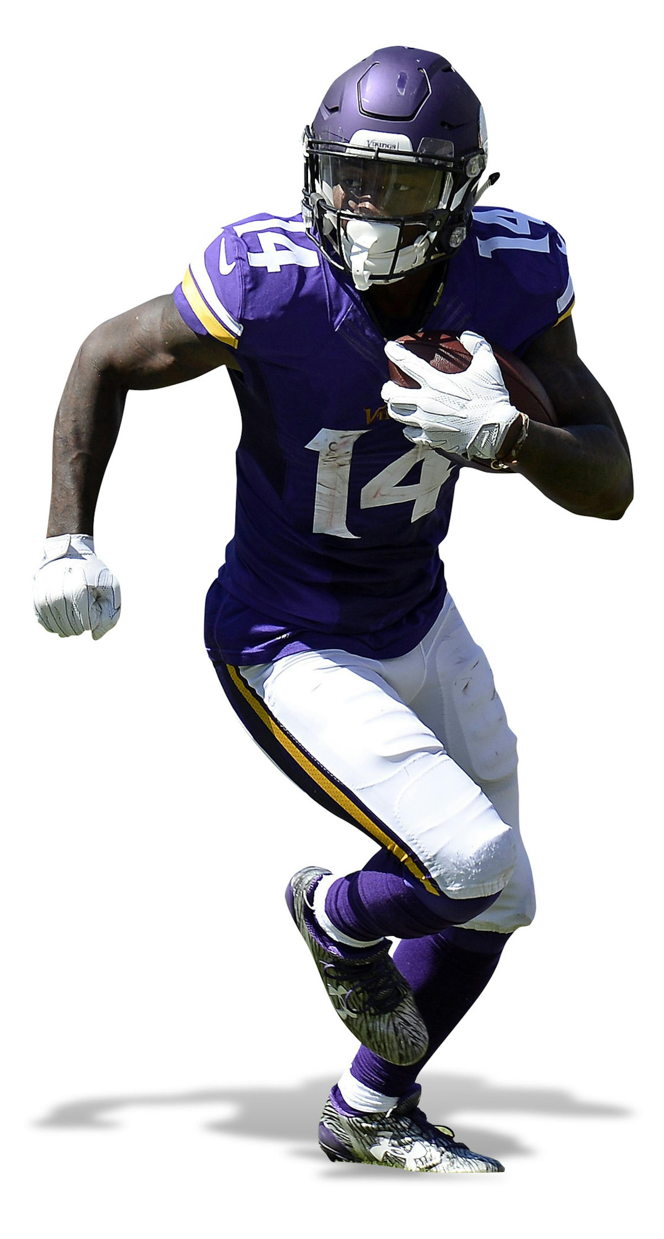 Minnesota Vikings wide receiver Stefon Diggs (14) tries to get past Tennessee Titans cornerback Jason McCourty (30) in the second half of an NFL football game Sunday, Sept. 11, 2016, in Nashville, Tenn. (AP Photo/Mark Zaleski) ORG XMIT: MIN2016091318552637