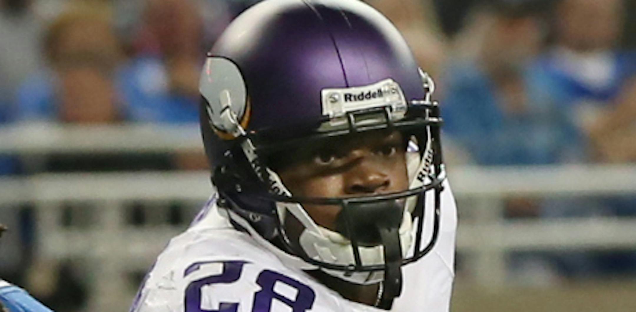 Vikings running back Adrian Peterson ran up the middle for a 4-yard touchdown after making contact with safety Louis Delmas at the goal line in the second quarter. ] Minnesota Vikings and Detroit Lions - Ford Field MCKENNA EWEN · mckenna.ewen@startribune.com Detroit, MI - 09/08/2013