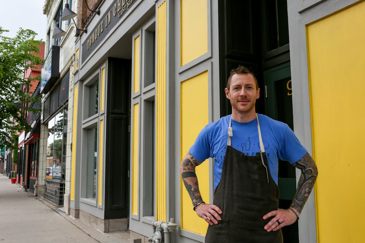 Chef and co-owner Leonard Anderson stands for a portrait in front of Tongue in Cheek, in St. Paul. ] COURTNEY PEDROZA &#x2022; courtney.pedroza@startribune.com June 13, 2017 St. Paul; Payne Avenue; Tongue in Cheek, Cookie Cart and Brunson's